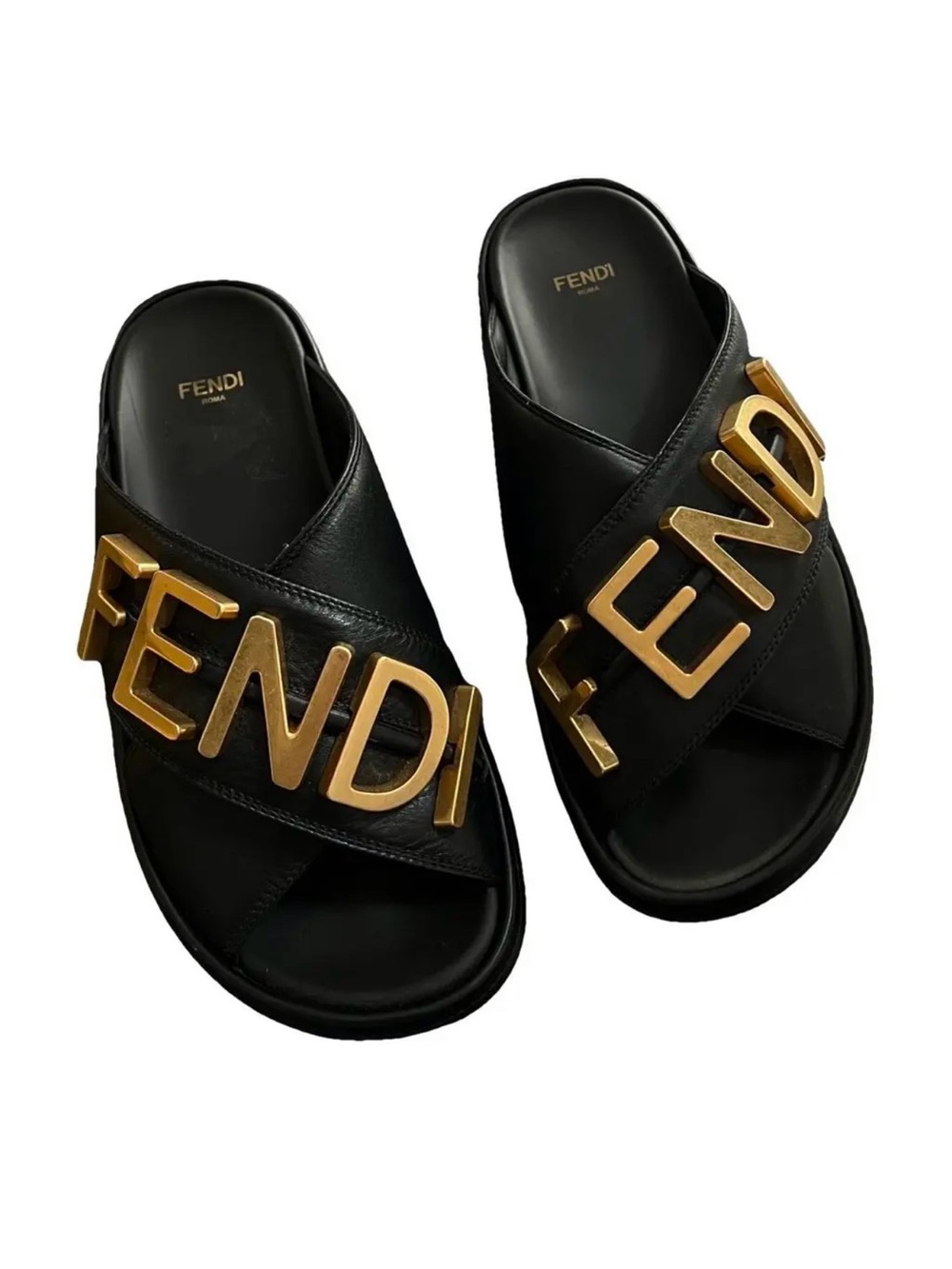 Fendi Black Leather Slide Sandals with Gold Logo Accent